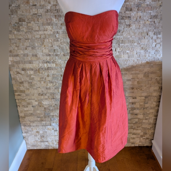 Jenny Yoo Dresses & Skirts - Jenny Yoo 100% Silk Coral Orange Strapless Ruched Waist Cocktail Dress Sz 8